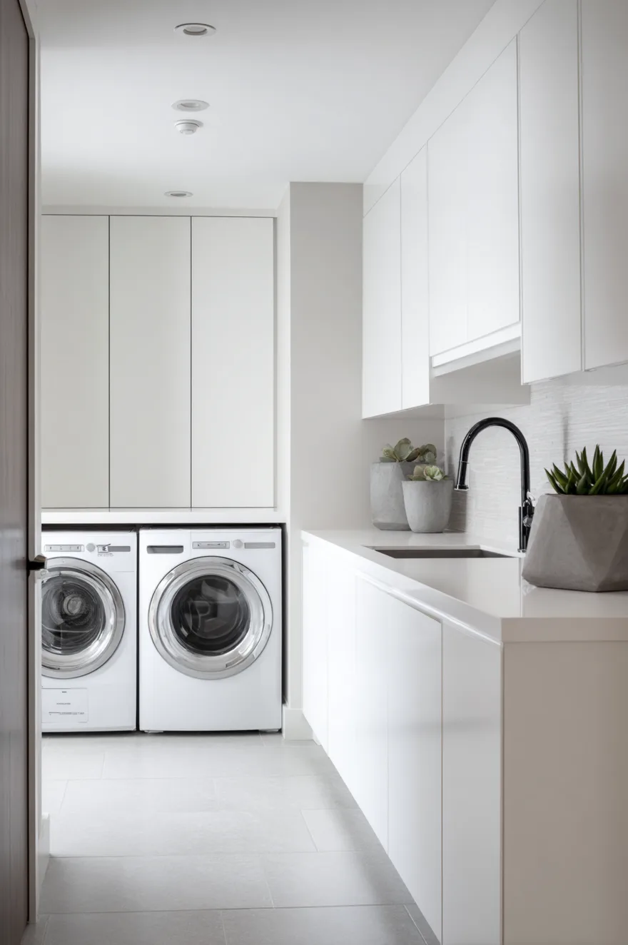 Minimalist white laundry room with handleless cabinets and hidden appliances for a sleek look.