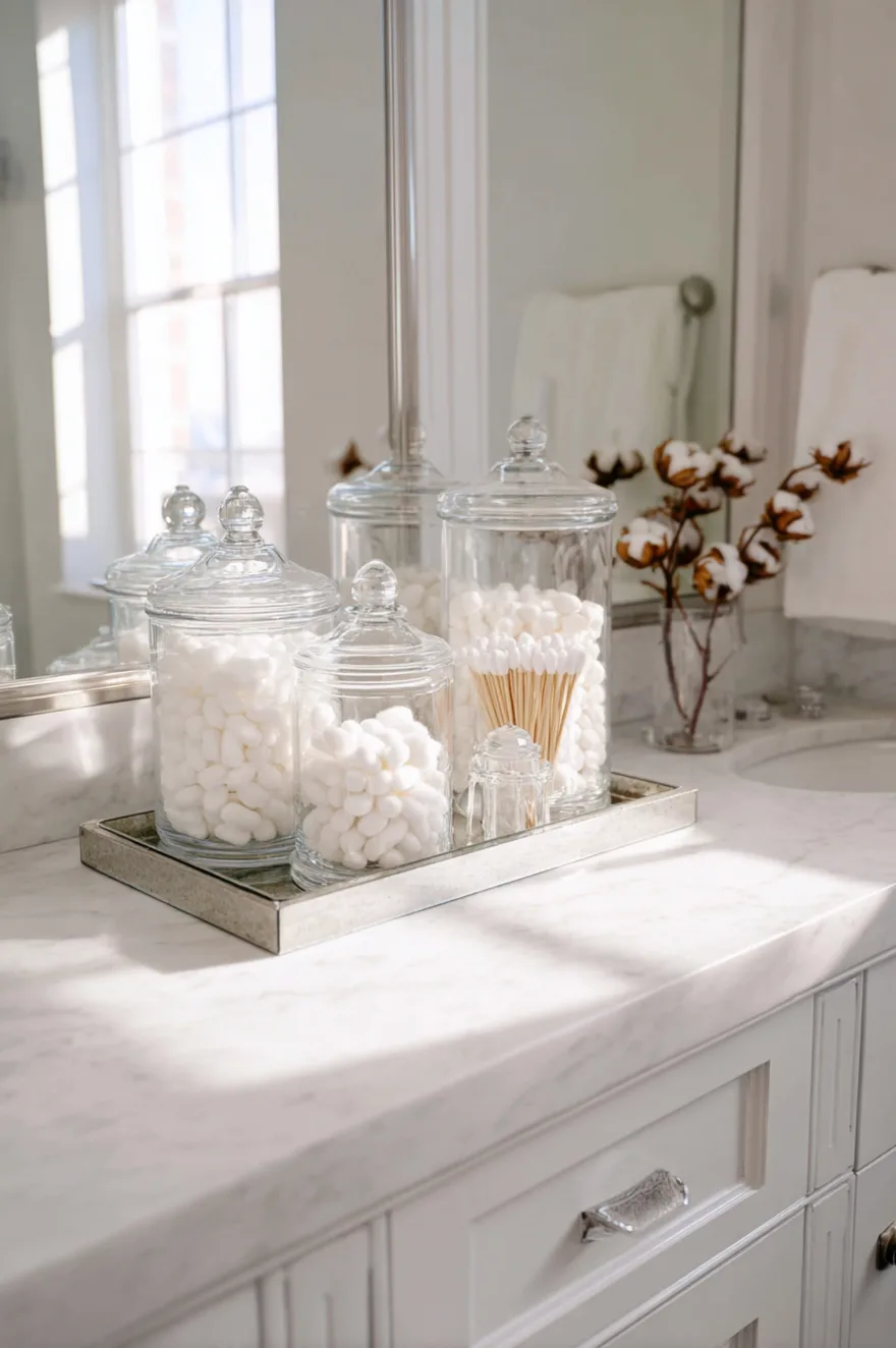 Three glass apothecary jars with black metal lids sitting on a small wooden tray on a white bathroom counter, neatly holding cotton rounds, cotton swabs, and bath salts.