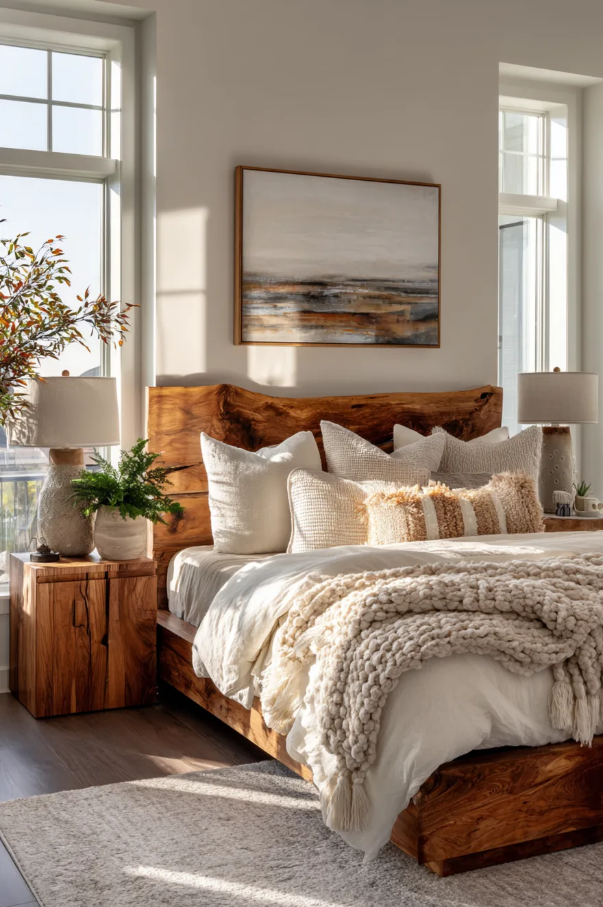 Bedroom ideas for master bedroom featuring a warm wood headboard and matching wooden nightstands against a white wall.