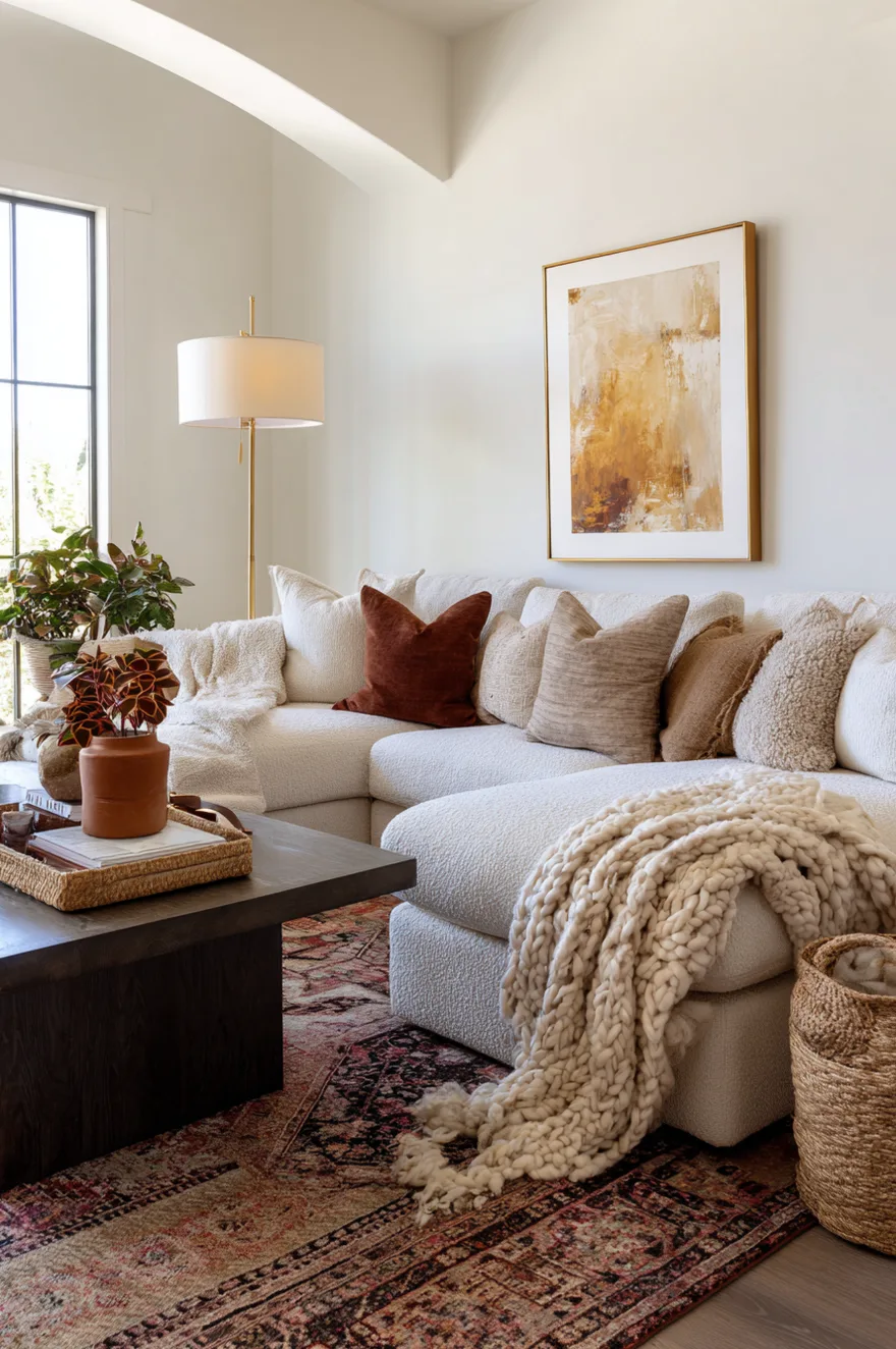 Beige boucle sectional sofa layered with rust and brown pillows and a massive chunky knit blanket, placed on a dark vintage patterned rug with a dark wood block coffee table and a brass floor lamp.
