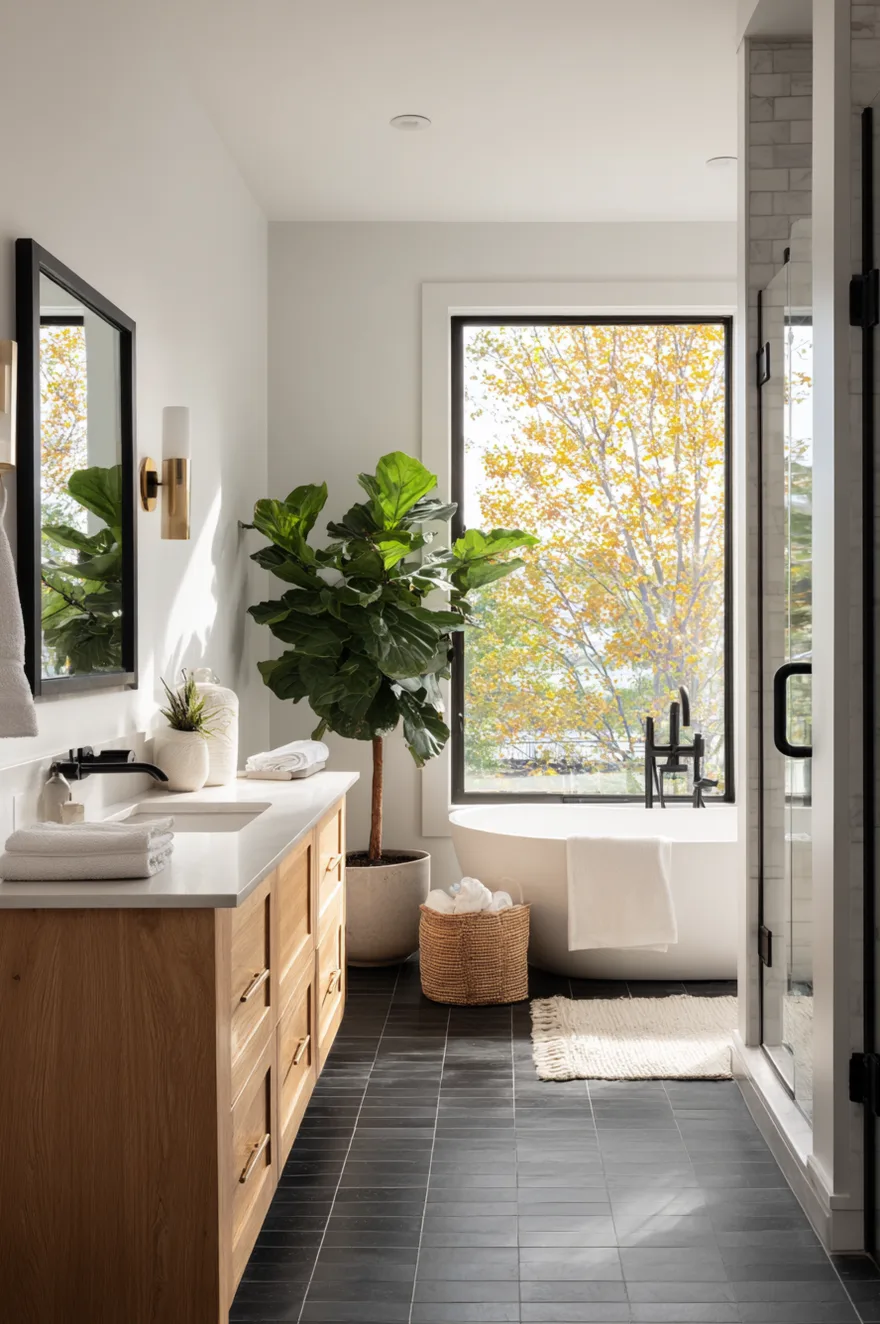 Walk in shower featuring a clear glass enclosure and large format rectangular black floor tiles continuous from the main bathroom area next to a modern black multi jet shower system and white towels on a stand.