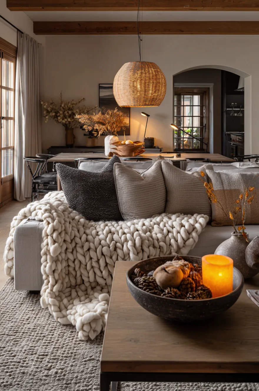 A cozy living and dining room space showing a light sofa draped with a chunky white knit blanket next to a wooden coffee table displaying pinecones and an amber candle, with a wooden dining table and woven pendant light in the background.
