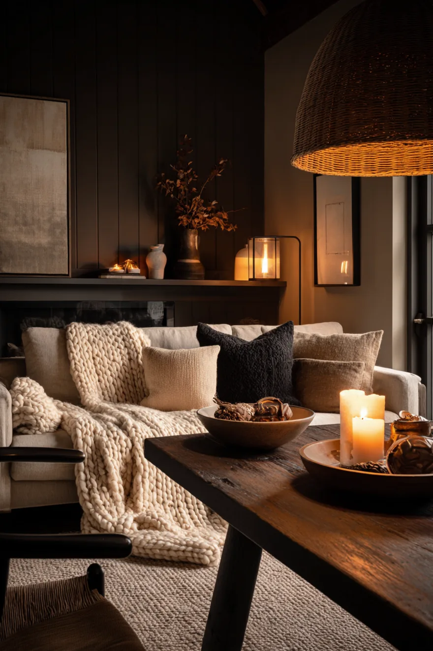 A dark and cozy living room illuminated by glowing pillar candles on a rustic wood coffee table, featuring a light colored sofa covered with a chunky white knit blanket and soft textured pillows under a large woven pendant light.