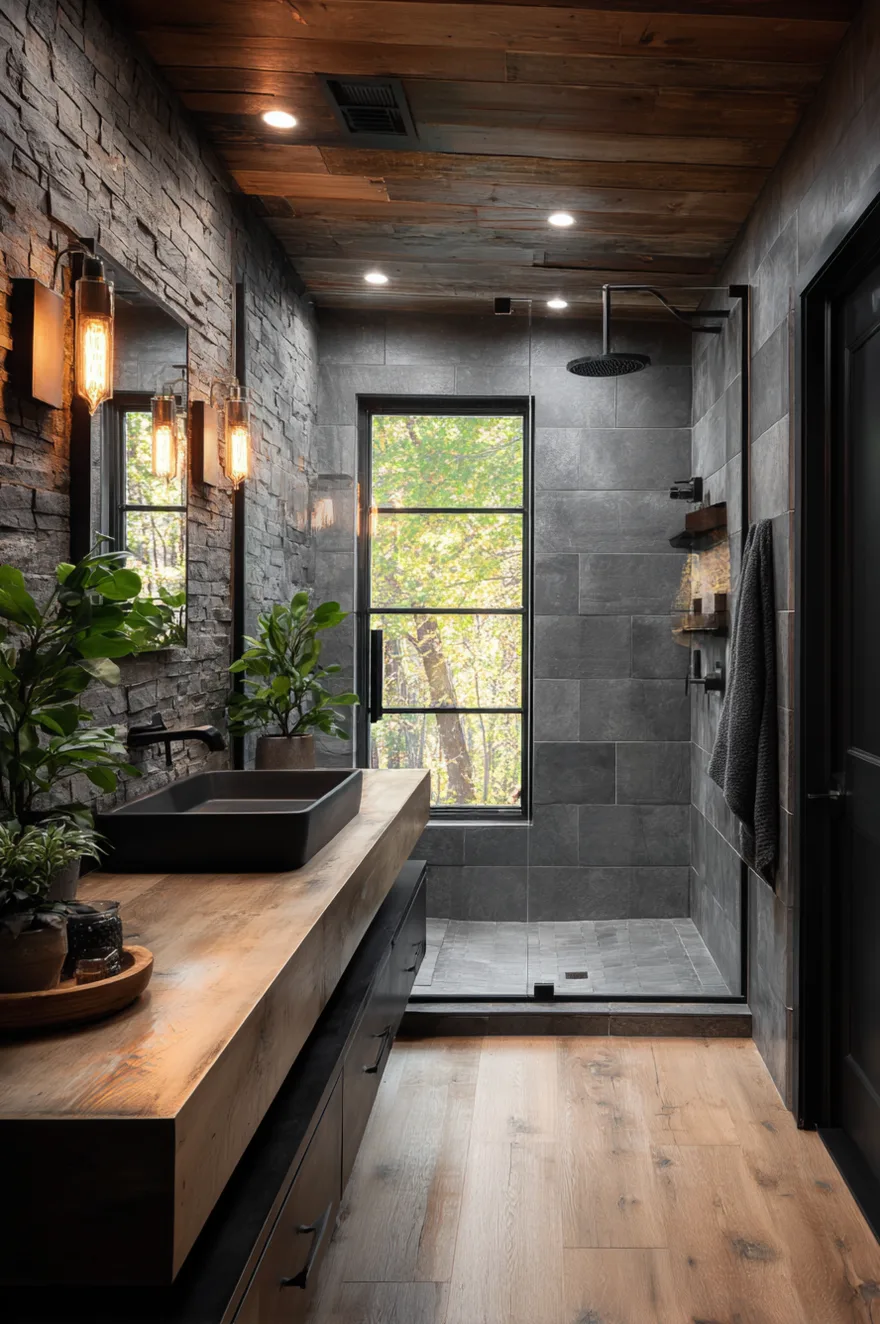A rustic industrial farmhouse bathroom featuring a black grid frame glass walk in shower next to a rustic wood double vanity with concrete sinks and black fixtures set against exposed grey stone walls and a wood beamed ceiling.