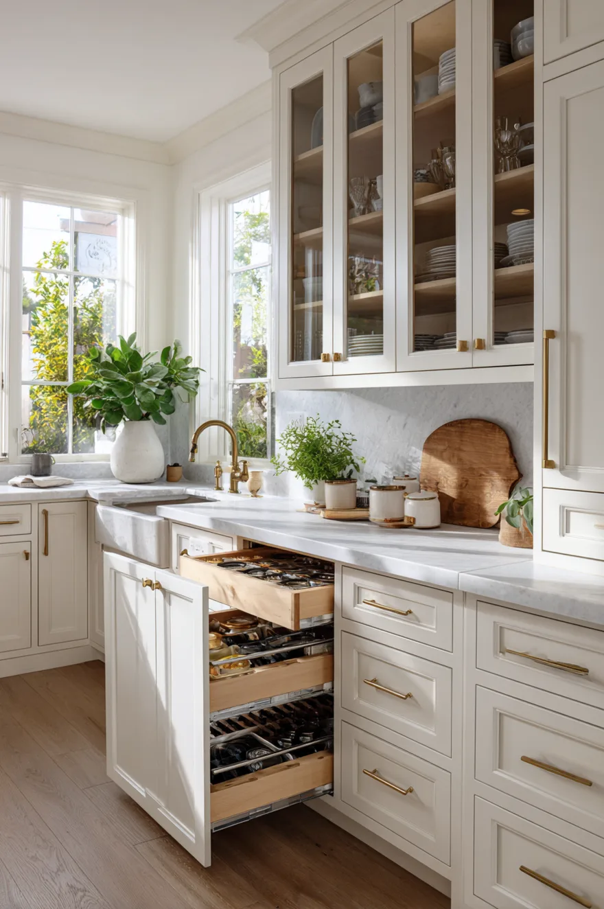 A white lower kitchen cabinet drawer pulled open to show a two-tier wooden interior organization system filled with silverware, located below a white marble countertop and glass-front upper cabinets.