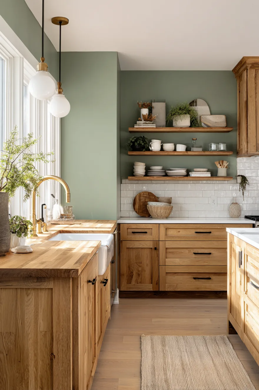 Kitchen with light wood cabinets and soft sage green walls, creating a seamless nature inspired look.