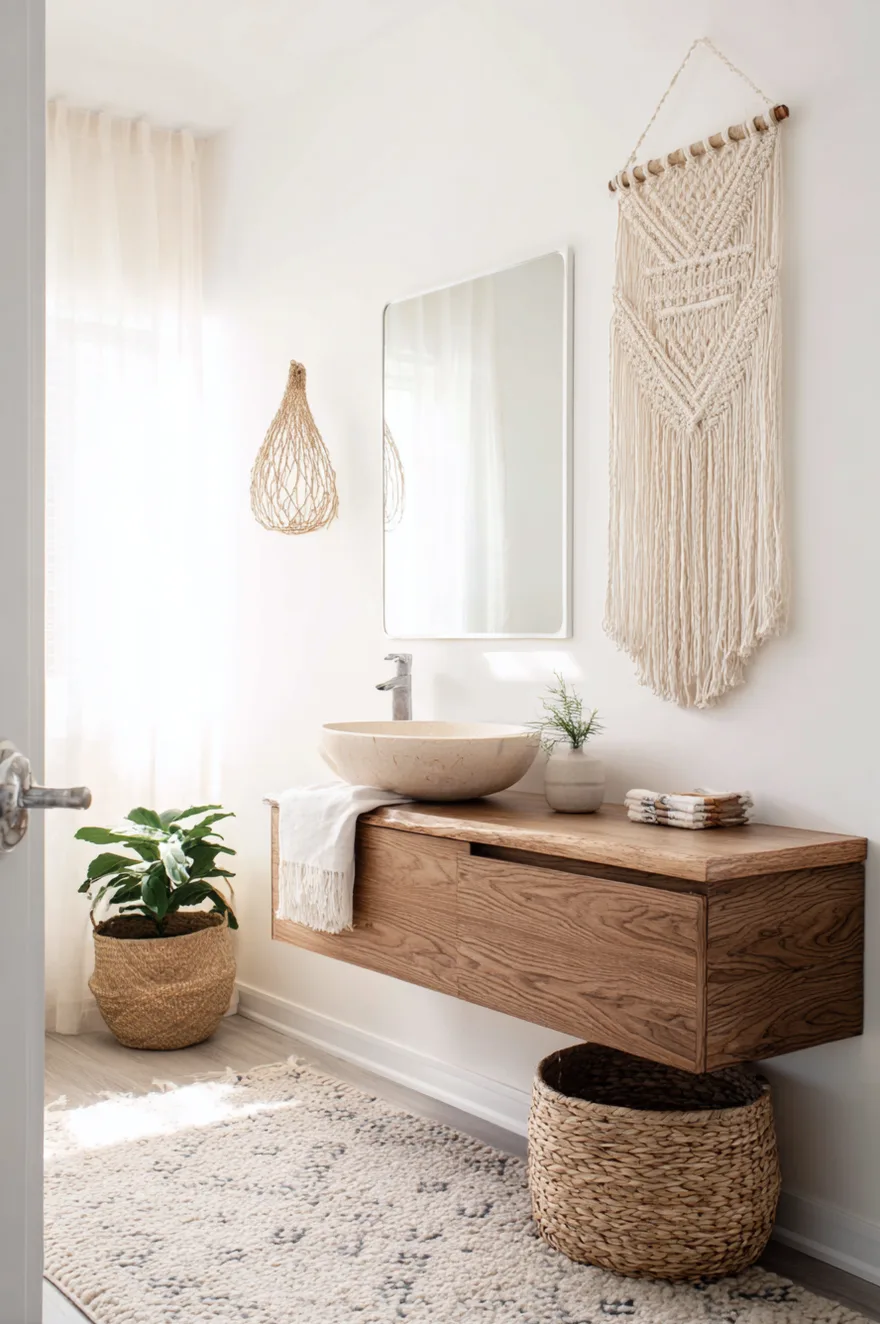 A bathroom vanity area with vertical wood slat walls, a white round vessel sink with a brass faucet, a macrame plant hanger holding a pot, and flat woven wall baskets as decoration.