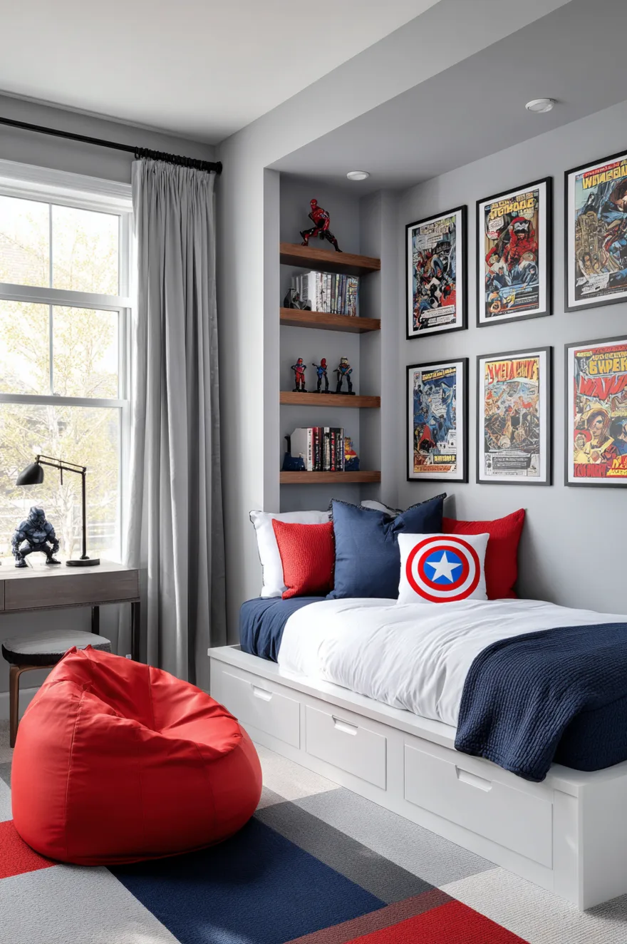 Boys bedroom with light grey walls featuring a white storage bed with blue and red bedding, a Captain America shield pillow, a gallery wall of framed vintage comic book covers, and a large red beanbag chair.