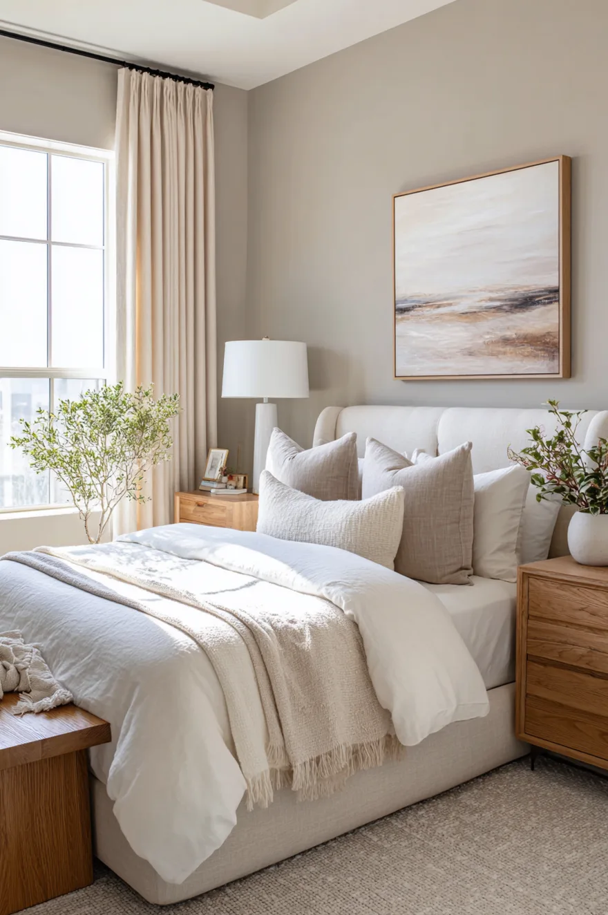 A calming bedroom painted in a soft greige tone, featuring a white bed with a cream chunky blanket, warm wood nightstands, a white table lamp, and framed landscape art.