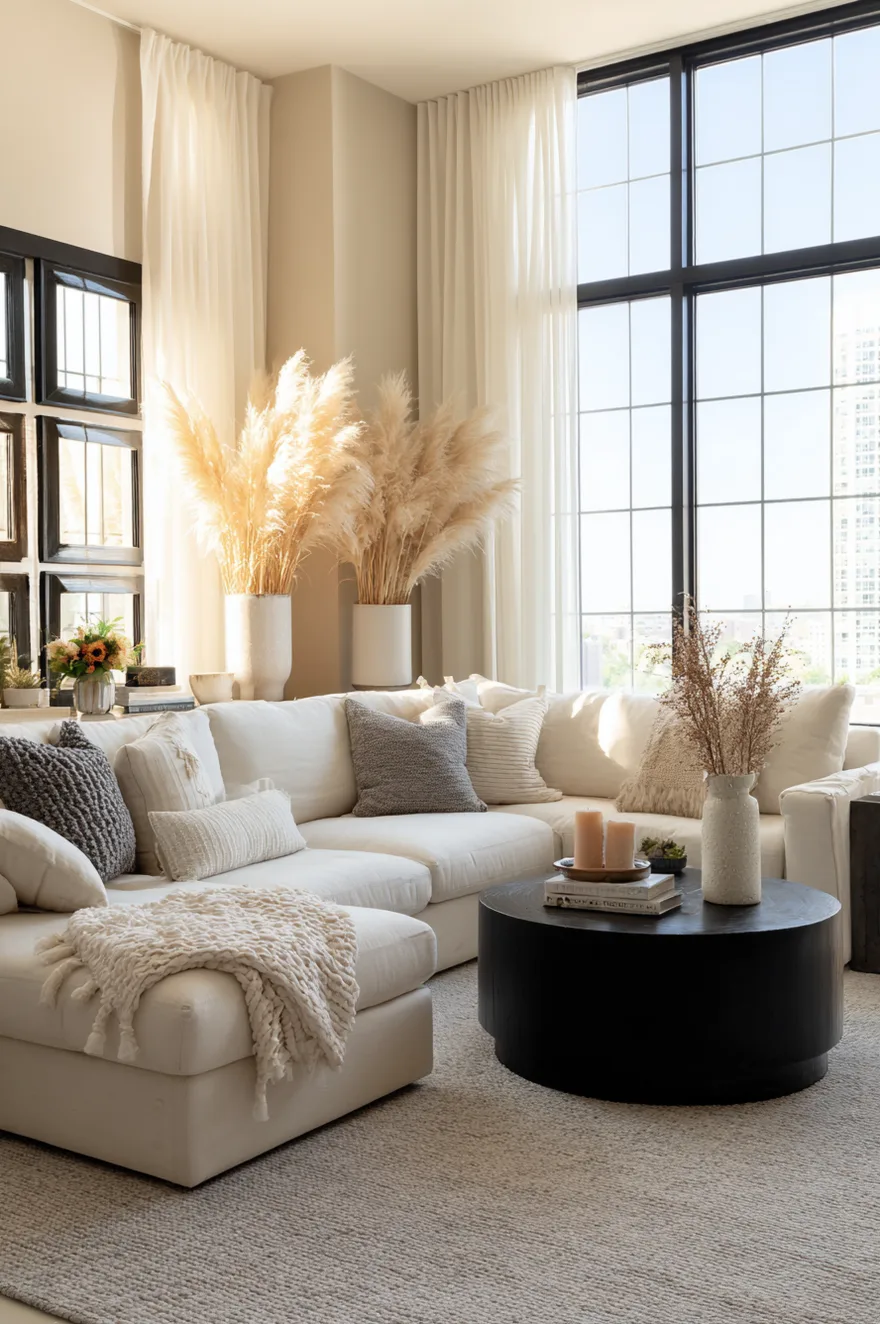 A tall floor standing black vase holding large plumes of fluffy pampas grass. The vase is positioned in a living room corner next to a window with sheer white curtains.