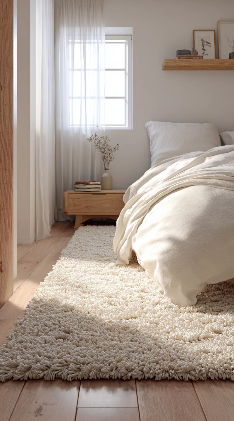 Plush white textured rug on a light wooden floor in a sunlit bedroom with white linen bedding.