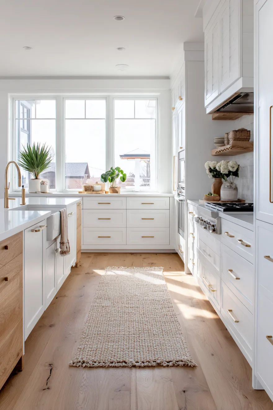 Bright kitchen featuring wide plank light oak wood flooring and a textured runner rug.