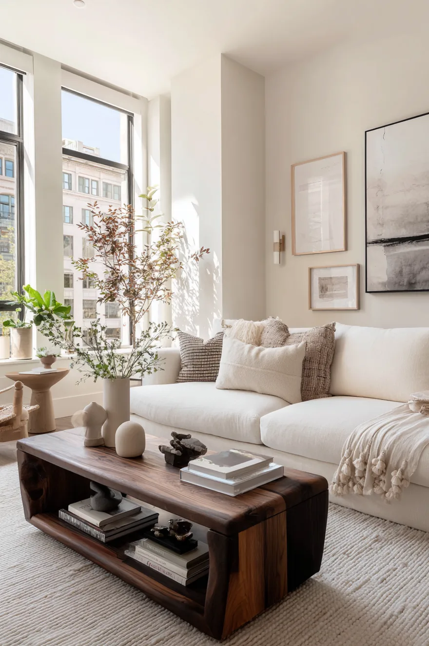 16.Sculptural Coffee Tables with Storage.webp A round coffee table featuring a light oak wood top and a sculptural dark grey storage base, styled with a vase of branches and books on a patterned rug.