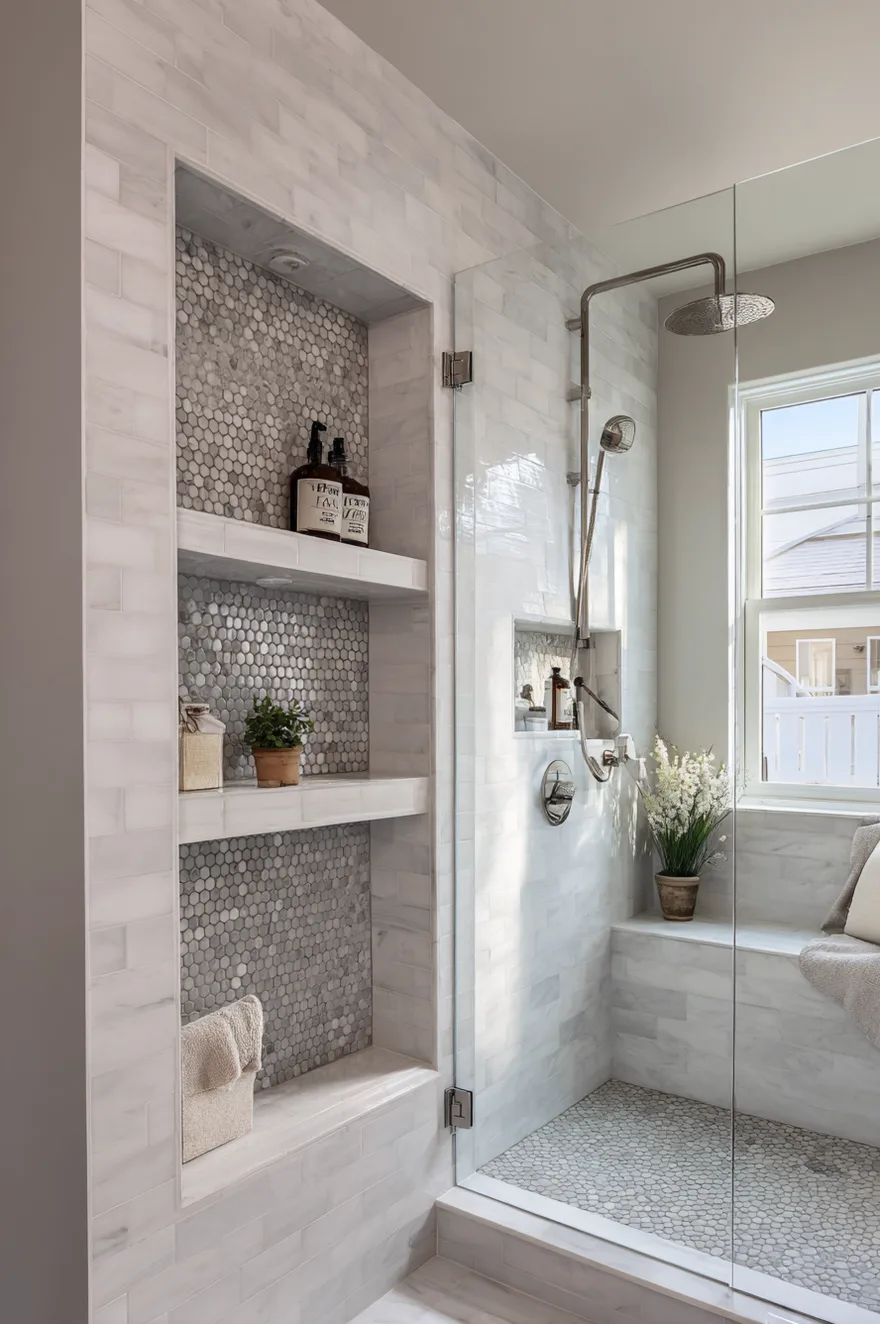 Built-in tiled shower niche with three shelves holding shampoo bottles and a small plant.