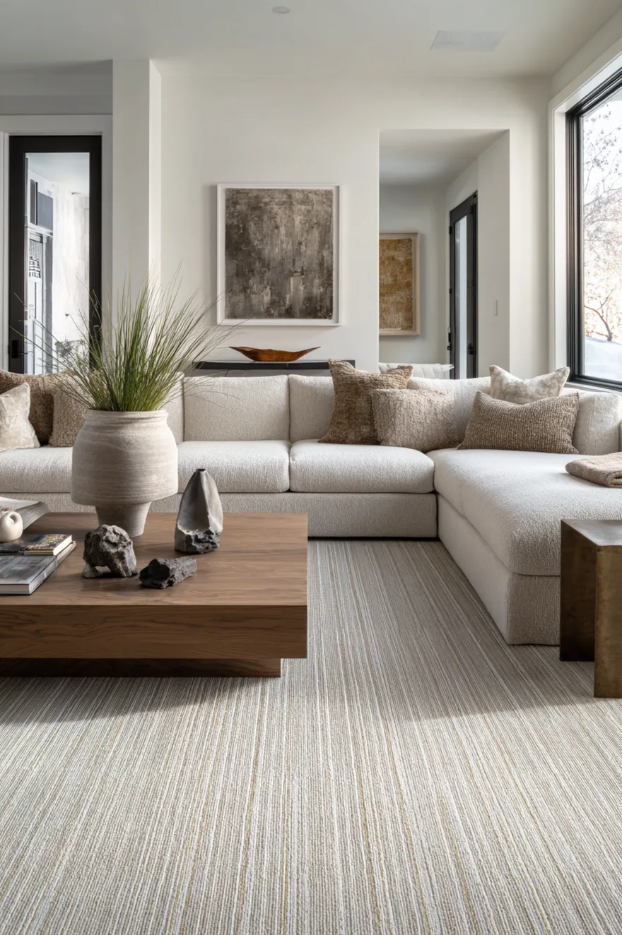 A bright and airy living room with a large white textured sectional sofa and a solid wood coffee table sitting on a light cream carpet with subtle vertical grey stripes.