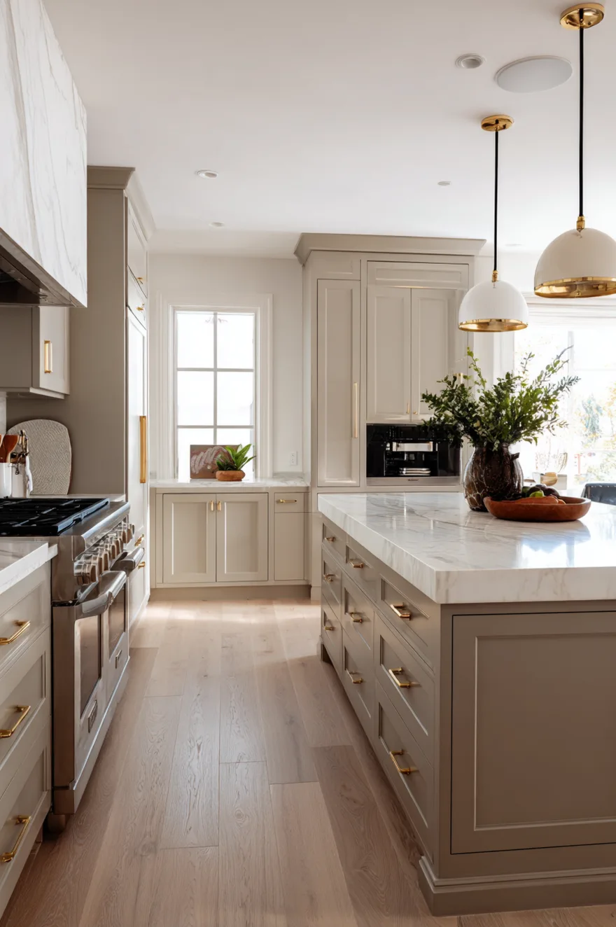 A white kitchen island base with a white countertop featuring long modern brass bar pulls on the drawers with darker taupe perimeter cabinets visible in the background.