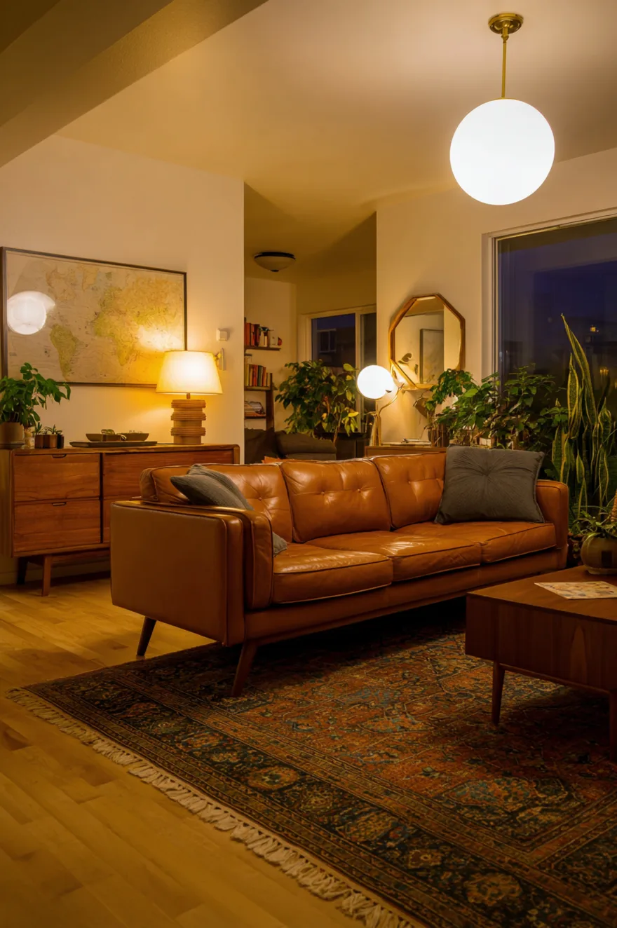 A large, vintage Persian-style area rug in muted blues and rusts anchors a seating area featuring a low coffee table and two gray armchairs.