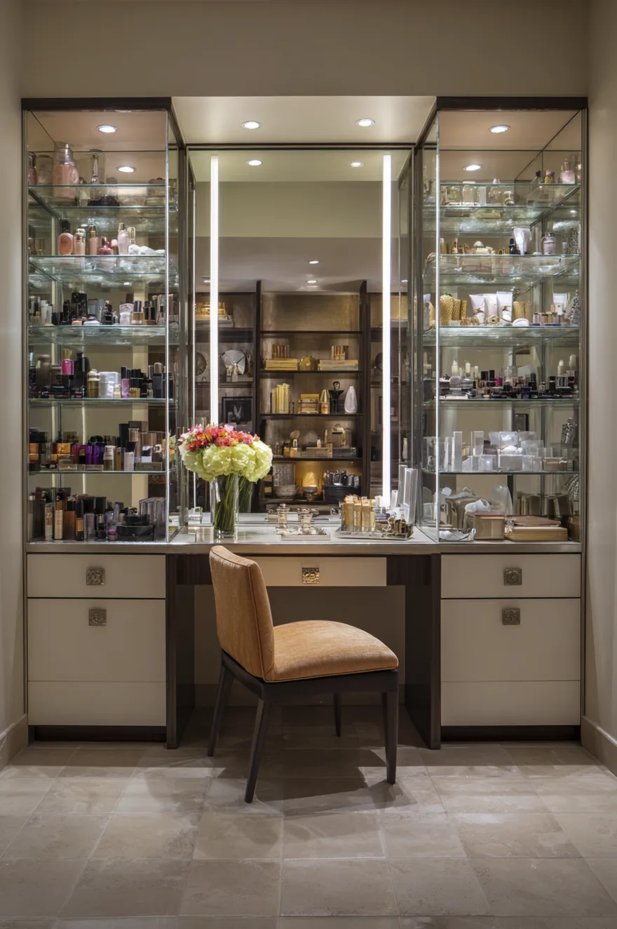 Large symmetrical makeup vanity featuring a central dark wood desk with a tan upholstered chair, flanked by two tall glass-front display cabinets with interior lighting that showcase an extensive perfume and cosmetic collection.