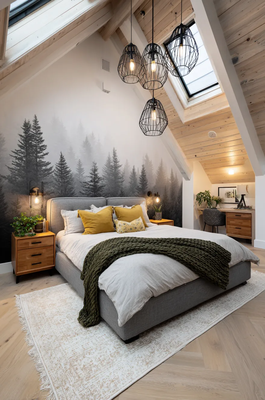 A modern attic bedroom featuring a misty pine forest mural wall and a slanted ceiling clad in light wood planks with a skylight. A bed with a green blanket and mustard pillows sits under black wire pendant lights.
