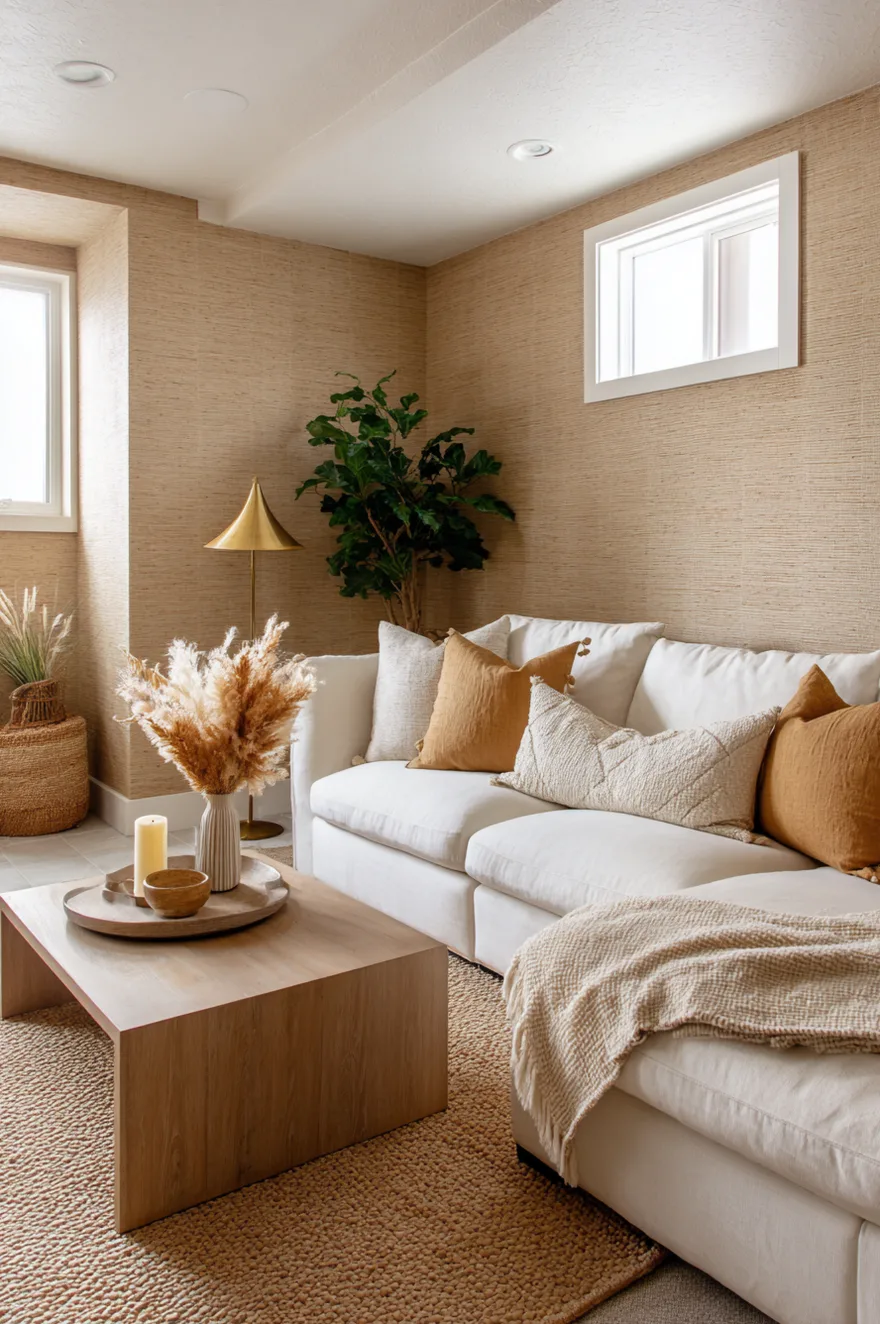 Finished basement with full-wall peel-and-stick grasscloth in warm caramel tone behind a linen sectional, jute rug, low wood coffee table, and warm brass floor lamp.