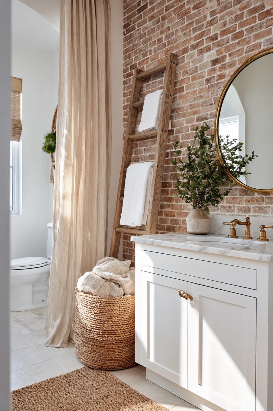 Rental farmhouse bathroom with a peel-and-stick brick-look accent wall behind a freestanding wood towel ladder, stick-on brass cabinet hardware on a white vanity, a round mirror, and a woven seagrass basket beside the toilet.