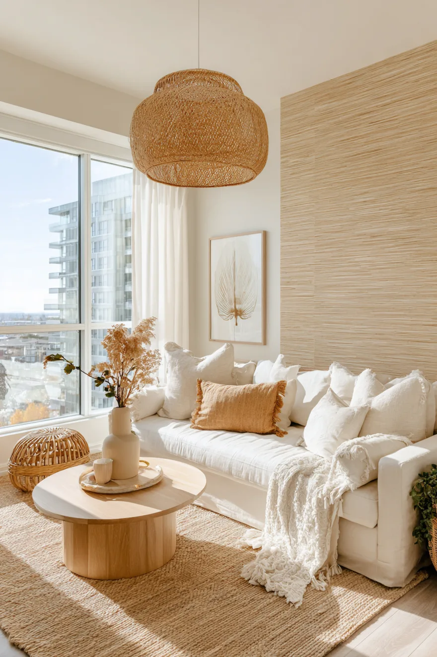 Neutral palette living room with peel-and-stick grasscloth wallpaper in warm wheat on an accent wall, cream linen sofa, bleached jute rug, woven rattan pendant lights, and a trailing plant on a round coffee table.