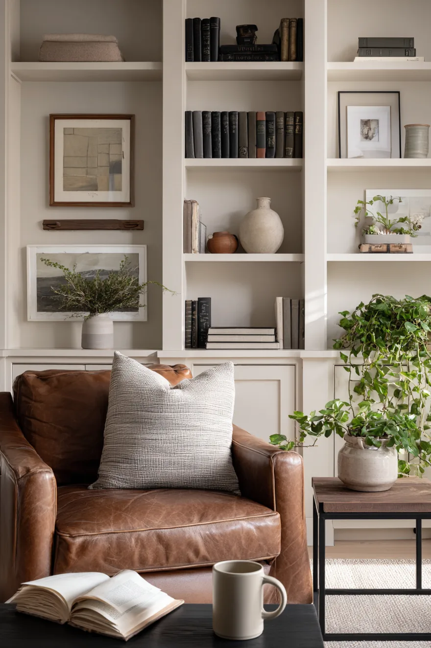 Open shelves with a mix of vertical and horizontal stacked books in cream and black spines, small leaning framed art pieces, thrifted ceramics, and a trailing ivy plant beside a worn leather armchair.