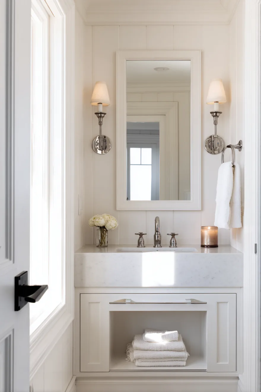 Small powder room with a full-length mirror on the back of the door, flanking brushed nickel sconces, white wall-hung sink, and light bouncing between mirrors to expand the space.
