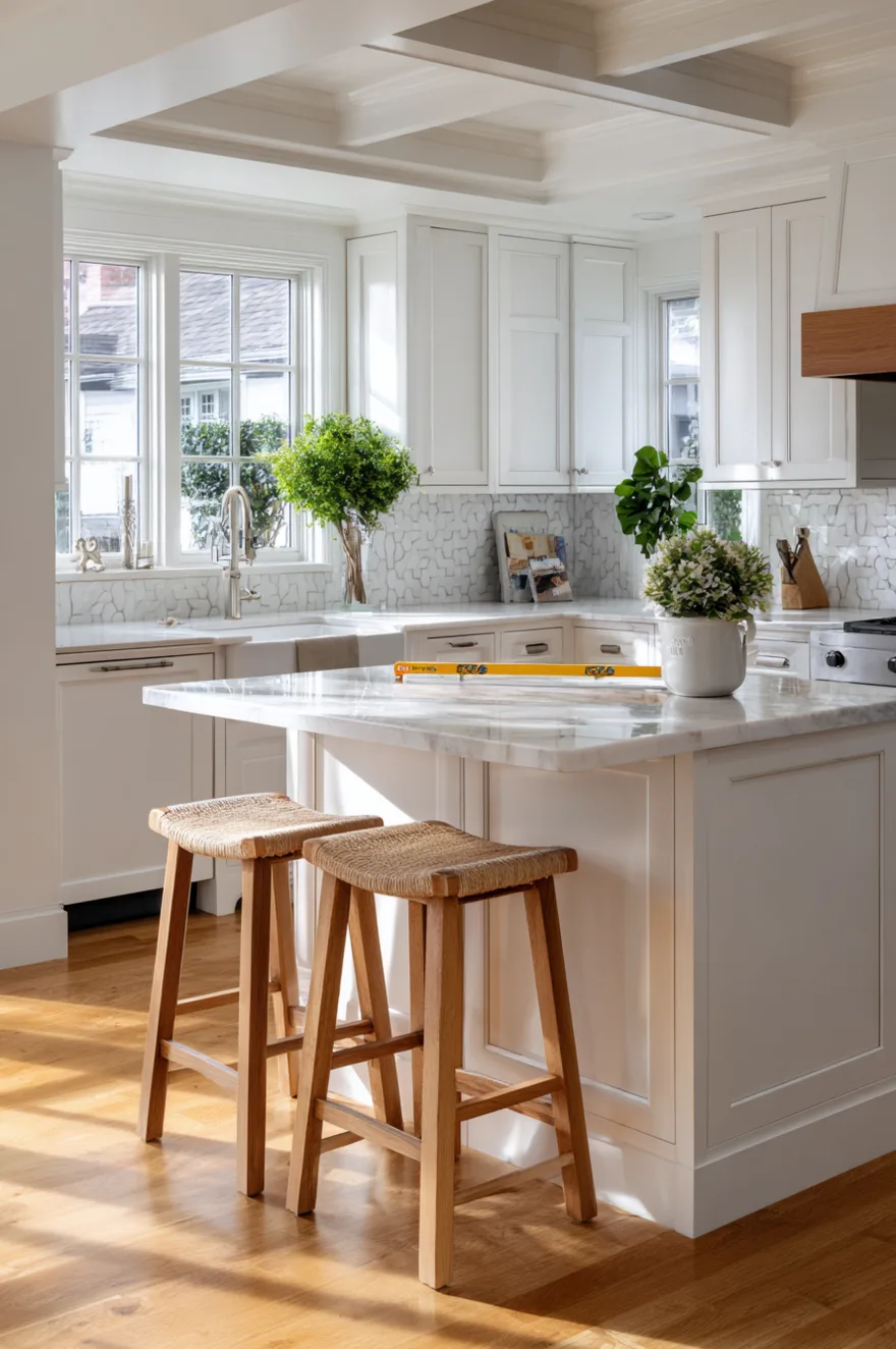 Counter-height and bar-height stools side by side at a white shaker kitchen island showing the height difference with a measuring tape casually placed on the quartz counter.