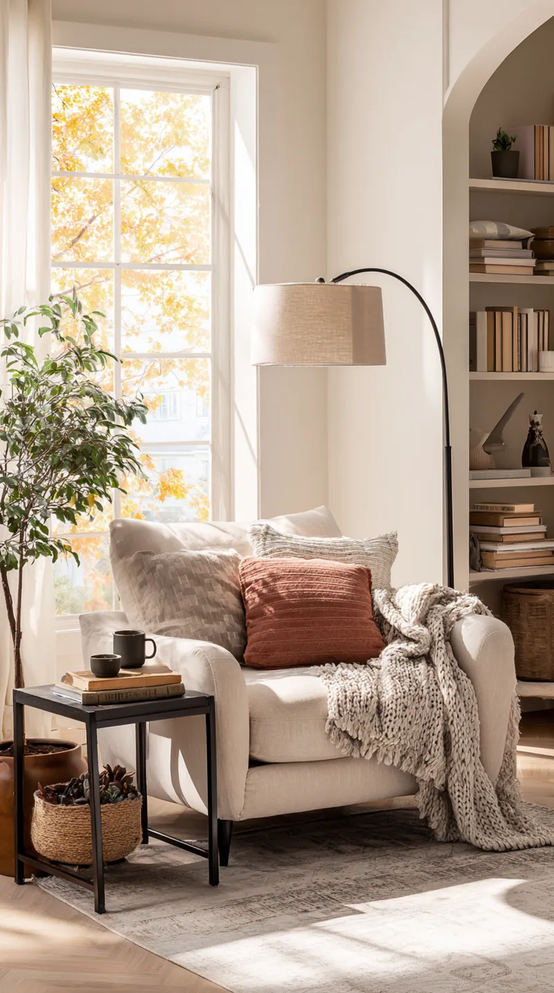 Black adjustable task floor lamp positioned next to a leather reading chair in a cozy living room nook.
