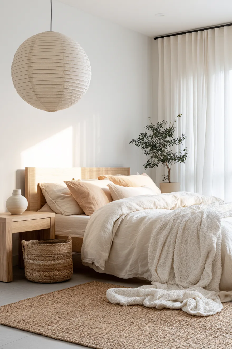 Bright bedroom with a large spherical paper lantern lamp hanging above a light wood bed with cream and peach-toned linen sheets, a woven jute rug, and a seagrass basket.