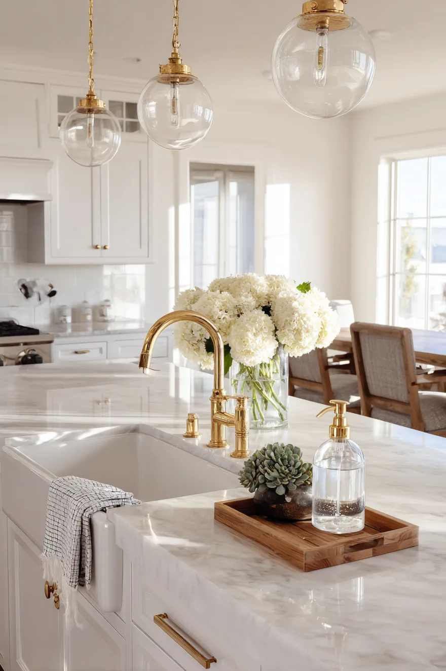 Kitchen island with a built-in undermount sink and matte black gooseneck faucet, featuring a small white ceramic tray holding a concrete soap dispenser, a wooden scrub brush, and a tiny potted green succulent.
