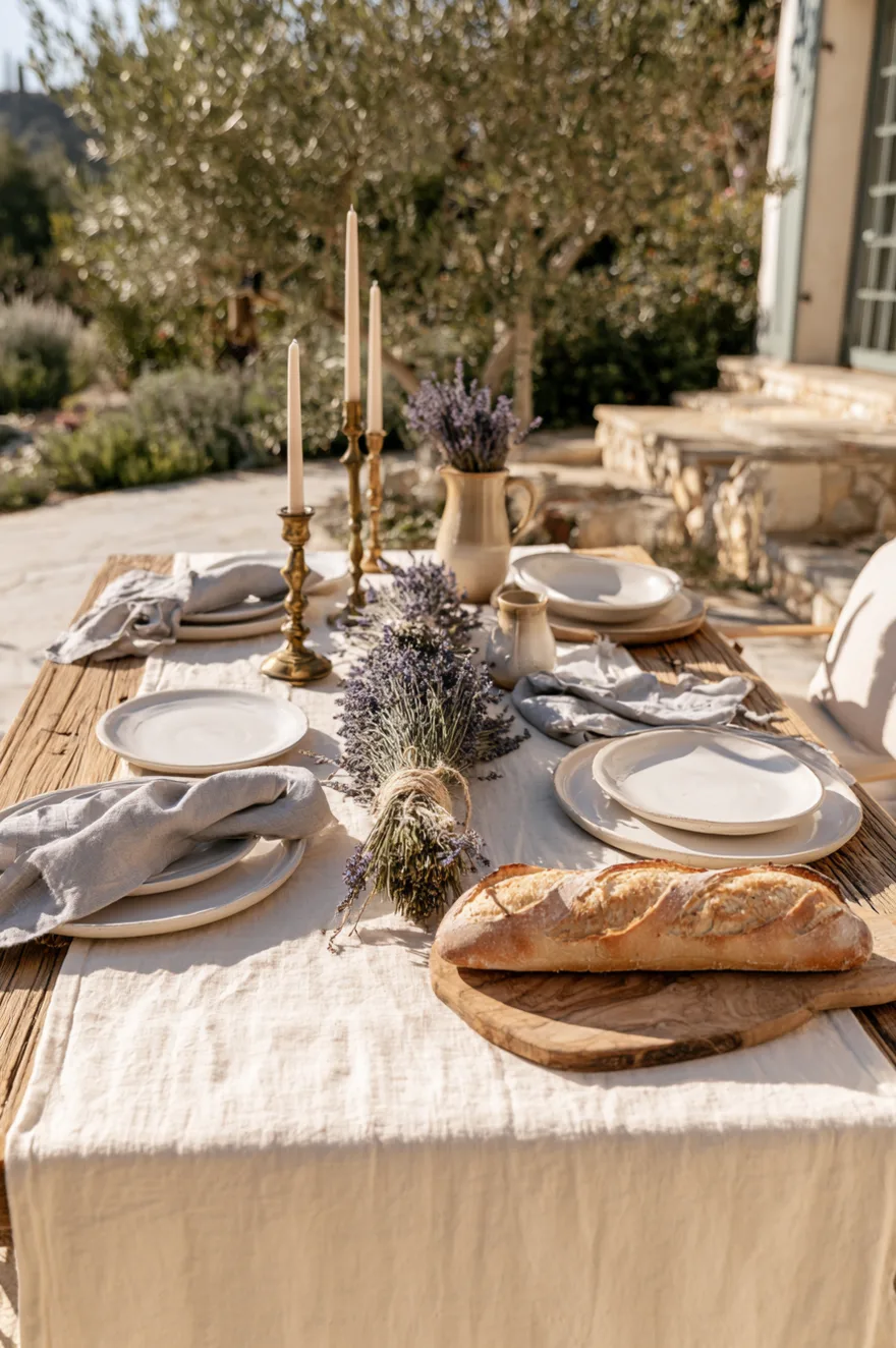 Wooden dining table dressed with soft neutral linens, simple white plates, vintage brass candlesticks, and bundles of fresh purple lavender tied with twine.
