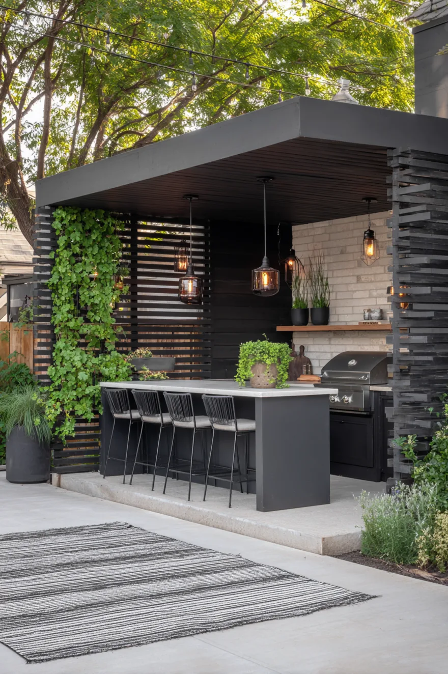 Modern outdoor kitchen with a dark base and light countertops, backed by a tall vertical slatted wood privacy screen with climbing vines and warm sconce lighting.