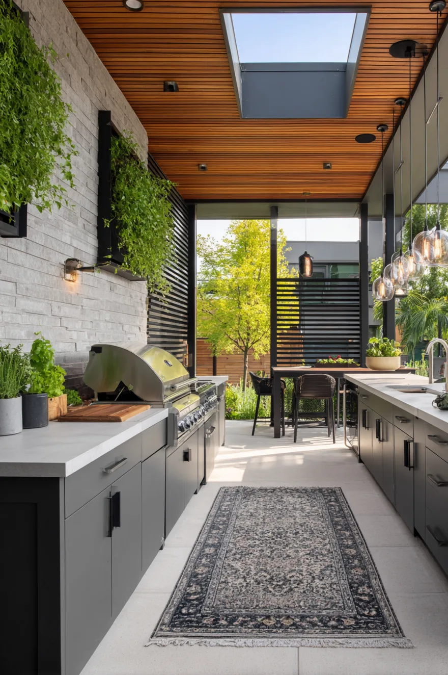 Dark vertical slatted wood privacy screen behind a stone outdoor kitchen island with a built-in stainless grill, wooden bar stools, and warm string lights.