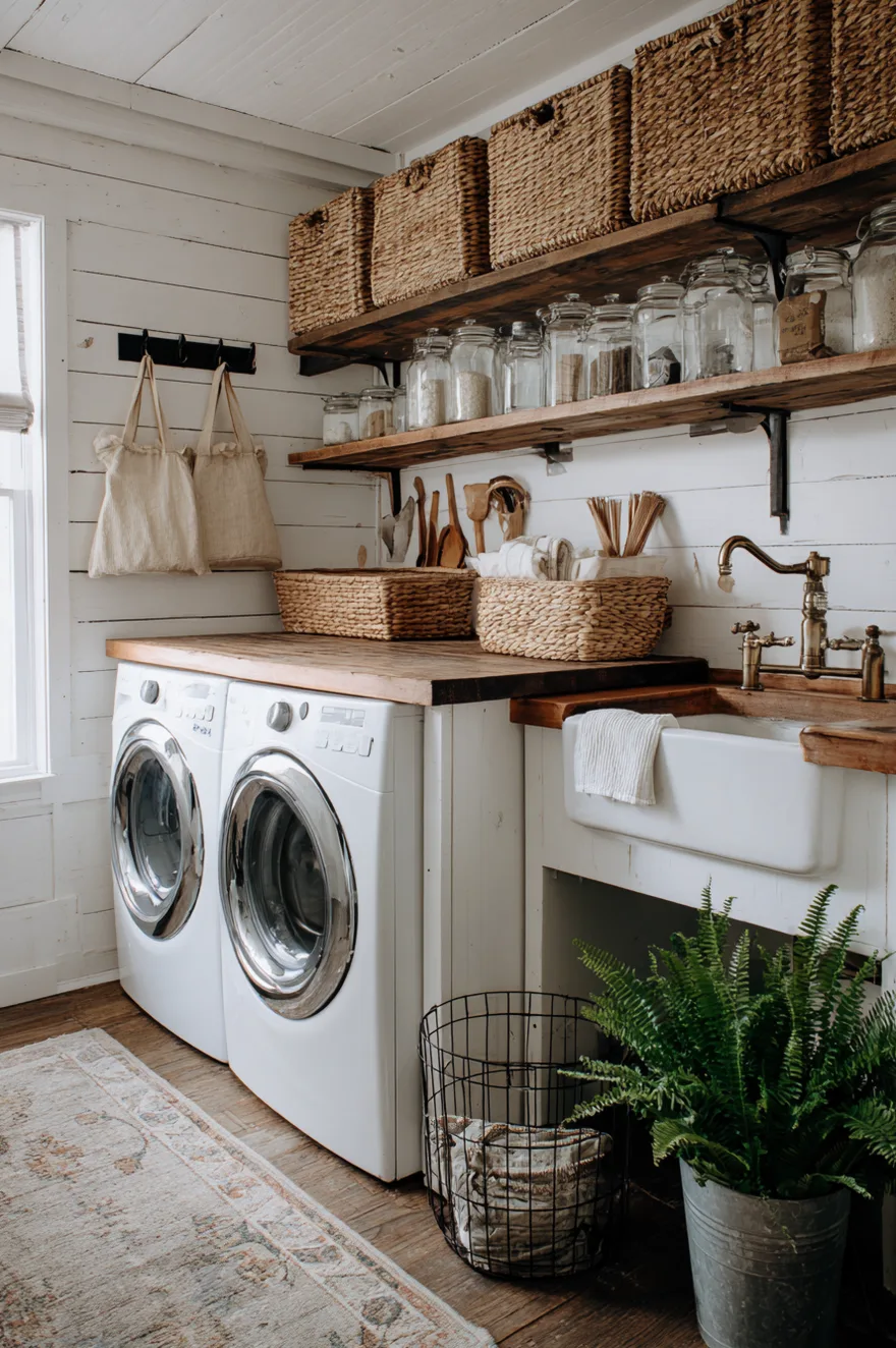 Rustic laundry room featuring beadboard walls, a wooden drying rack, and vintage wire laundry baskets.