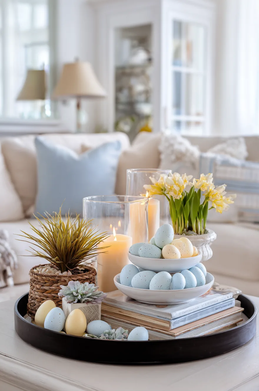 Galvanized metal three tiered stand holding small vases of spring flowers and ceramic bird figurines.