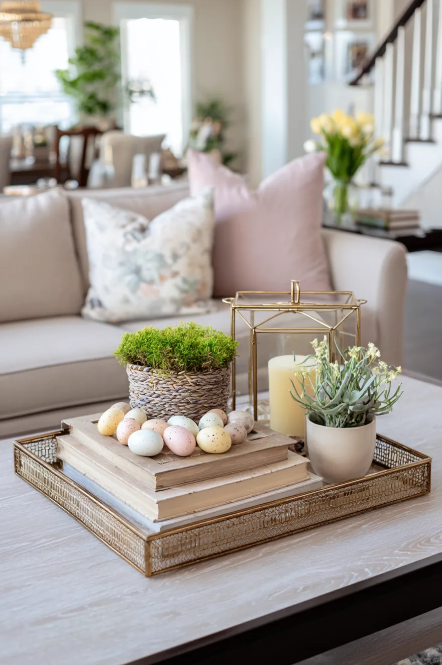 Two tiered wooden stand on a coffee table filled with pastel eggs, small potted plants, and white candles.