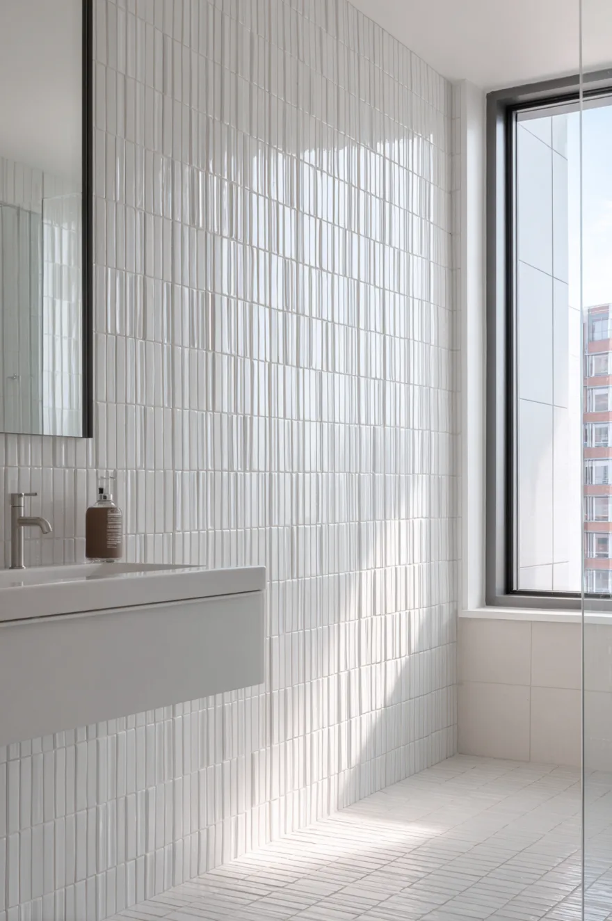 A modern bathroom showing a sleek white floating vanity and a large window next to a wall covered in thin white tiles arranged in a vertical stack bond layout.