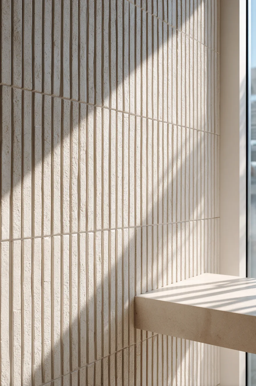 A close up of a minimalist bathroom featuring a floating stone bench attached to a wall covered in textured beige tiles installed in a vertical stack bond pattern.