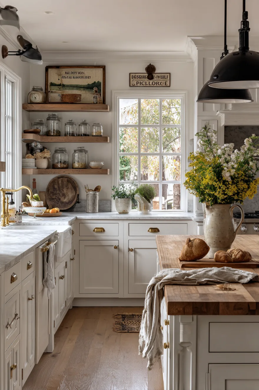 Vintage signs mounted above a bright kitchen window next to thick wood floating shelves displaying glass jars, a white farmhouse sink, and a wood butcher block island.