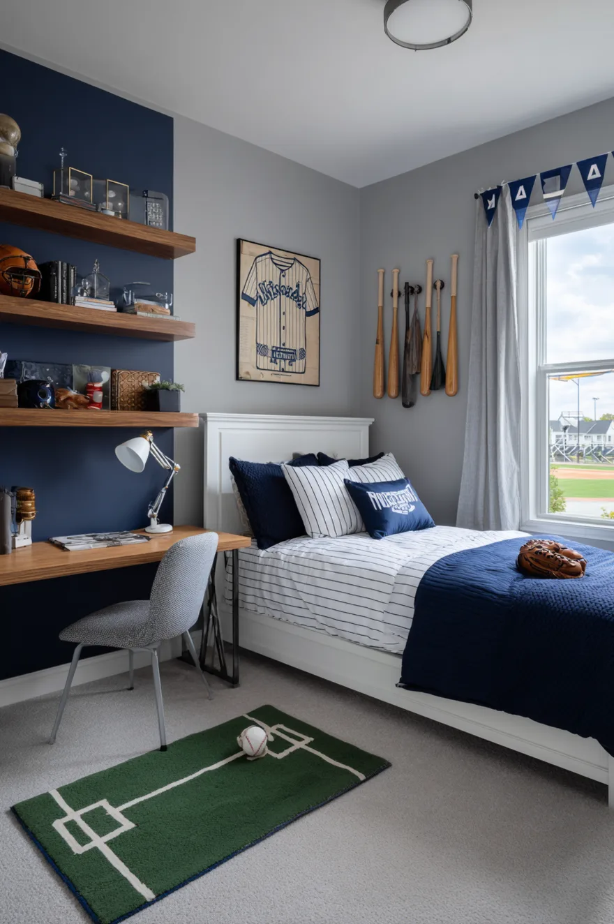 Boys bedroom featuring a partial navy blue accent wall, a white bed with navy and white striped bedding, hanging wooden baseball bats, a framed vintage baseball jersey, and a green baseball diamond area rug.