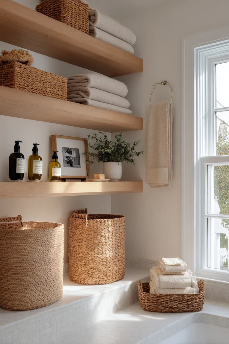Thick wood floating shelves holding large woven baskets for towels and toiletries.