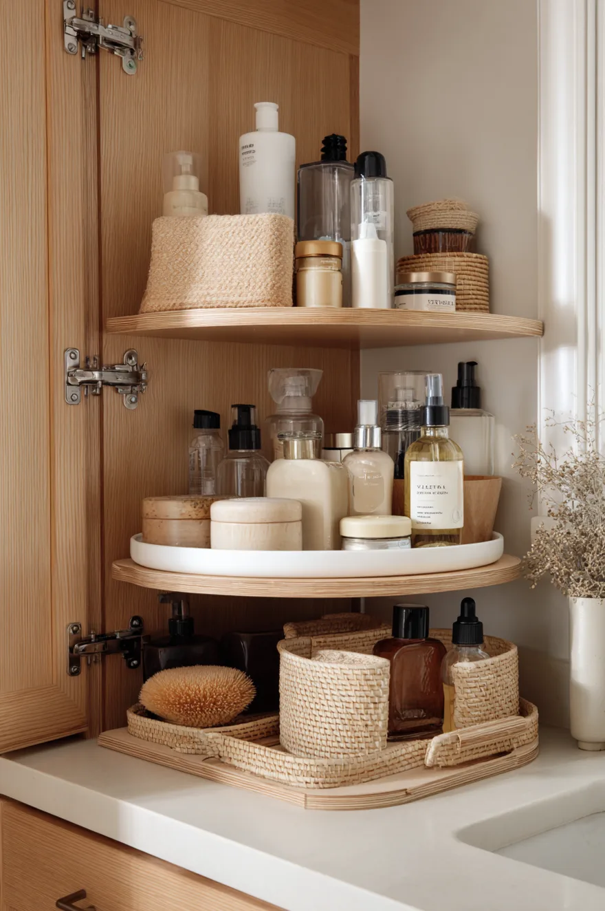 Two-tiered wooden lazy Susan organizer sitting on a white marble bathroom counter, filled with neatly arranged skincare bottles, serums, and small lotions.