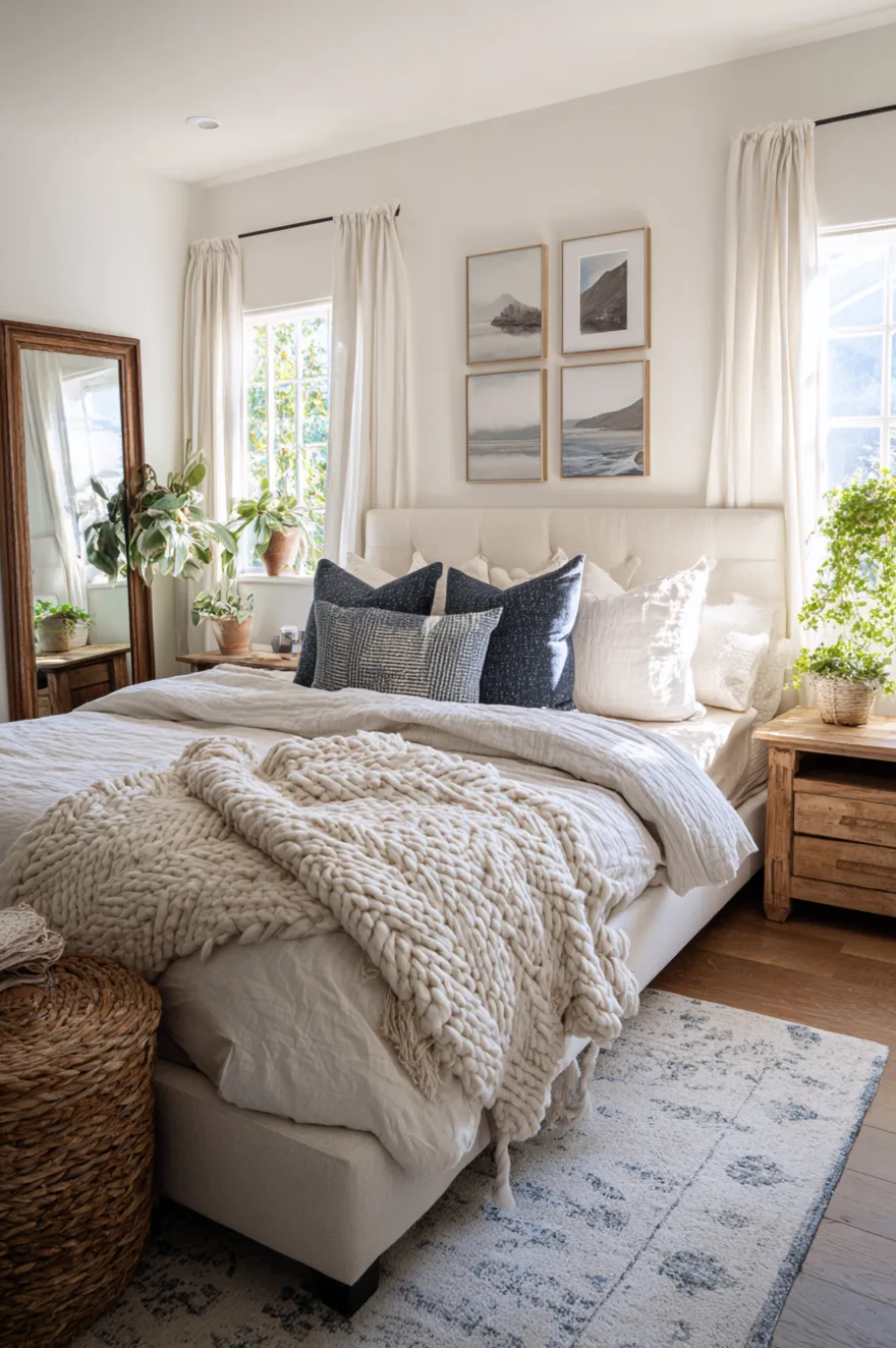 Budget-friendly bedroom ideas for parents featuring updated throw pillows and rearranged furniture for a fresh look.