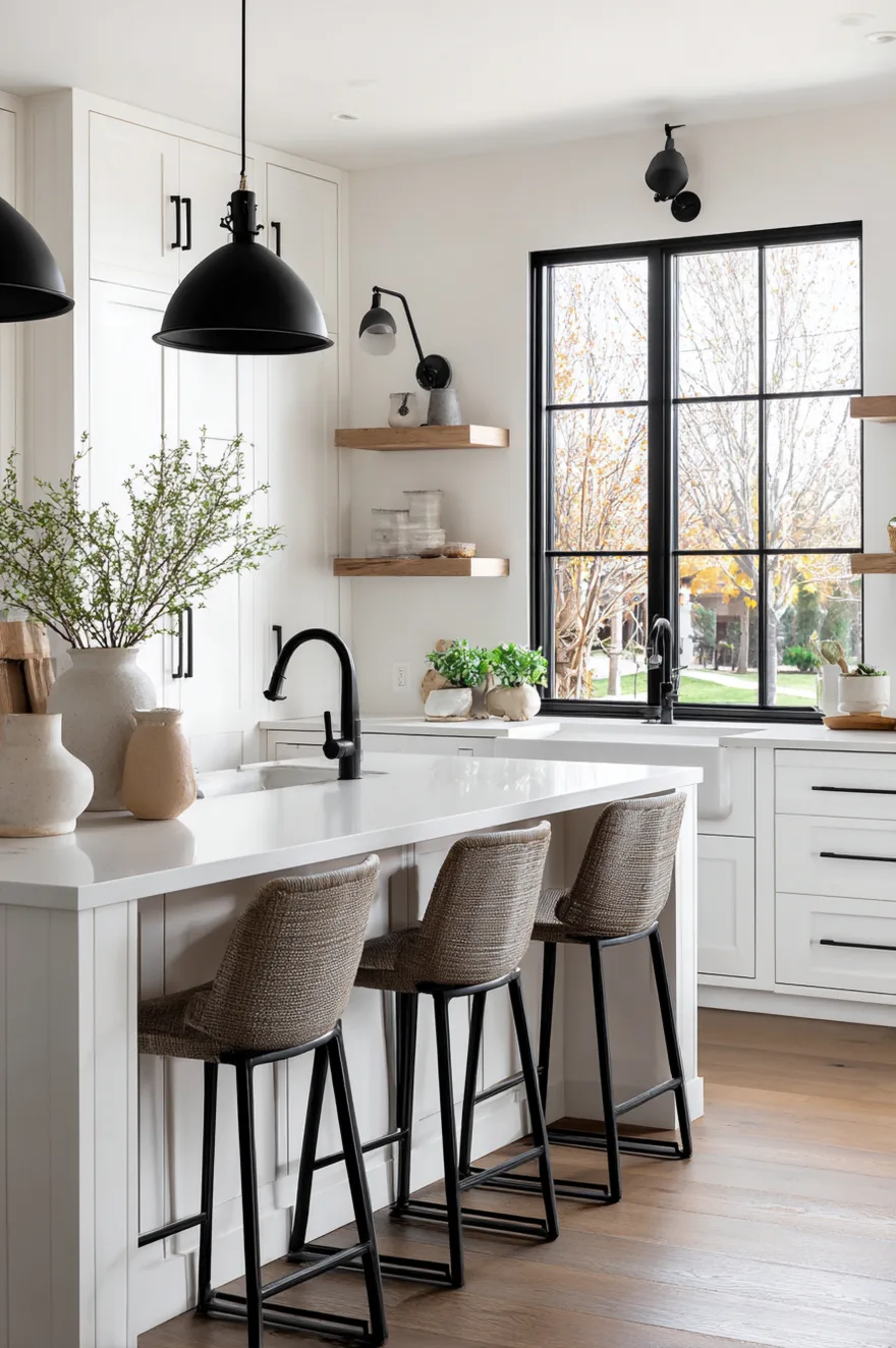 Modern kitchen with black industrial pendant lights and black bar stools at a white island.