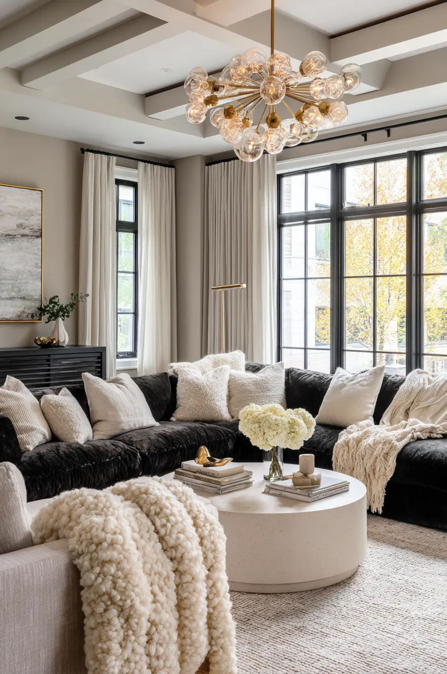A group of multi light cluster pendant fixtures with black cords and varied shades hanging from a ceiling against a plain neutral wall.
