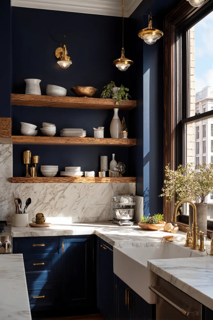 Open wood shelving mounted on a navy blue accent wall displaying white ceramic dishes.