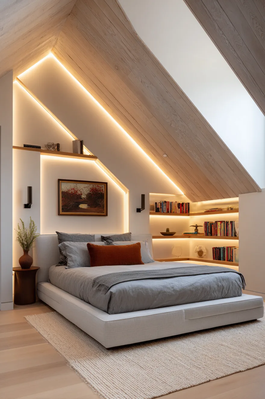 A contemporary attic bedroom featuring a vaulted wood-paneled ceiling with a skylight. Warm LED strip lighting traces the sharp architectural angles of the walls and built-in corner shelving surrounding a bed with gray bedding.