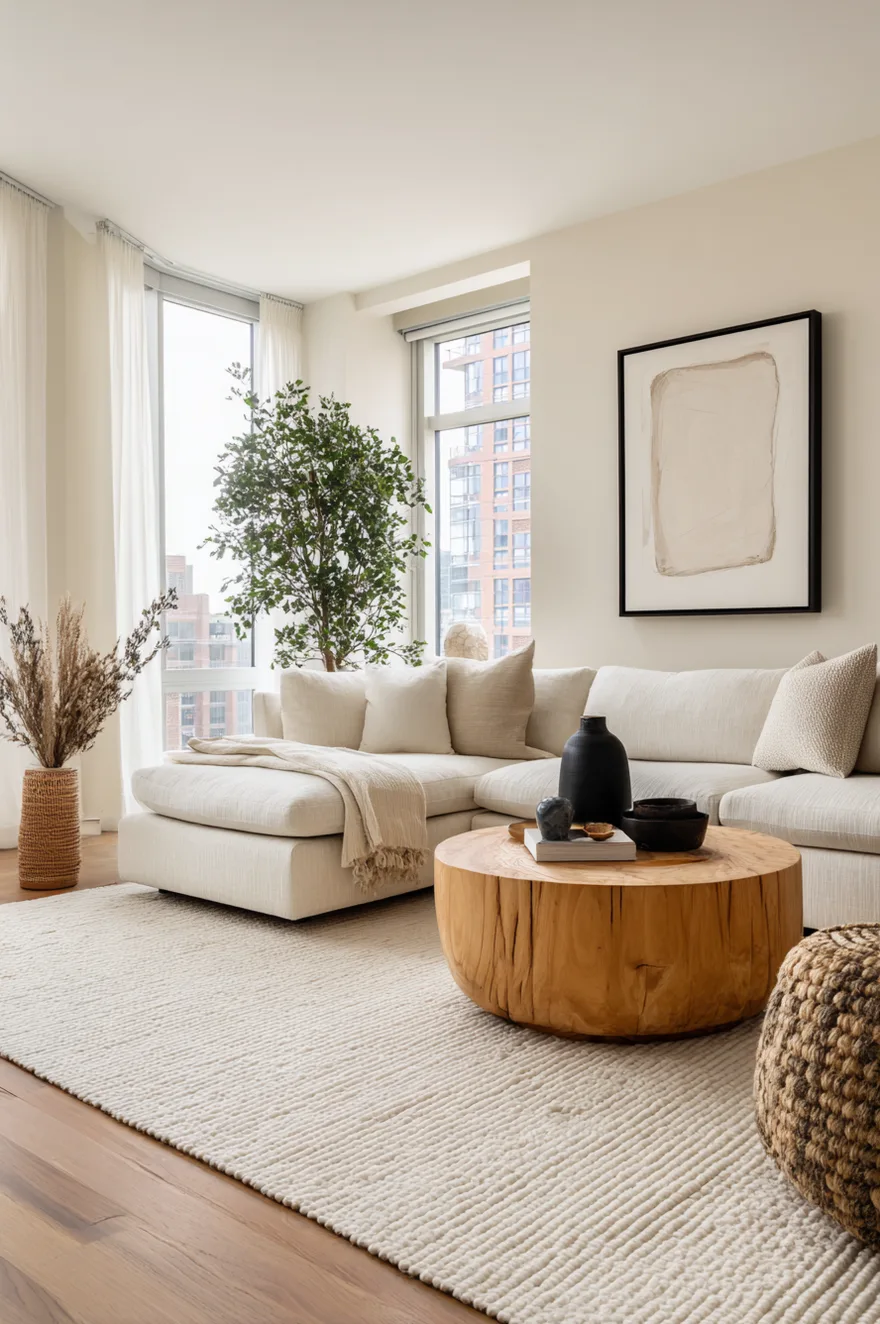 A sunlit living room featuring medium tone wood floors framed by a large cream ribbed carpet, topped with a white sectional sofa and a round natural wood coffee table.